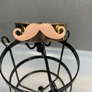 Gold Tone Cuff Bracelet With Pink Enamel Mustache Steampunk, Rock, Pink, Funny